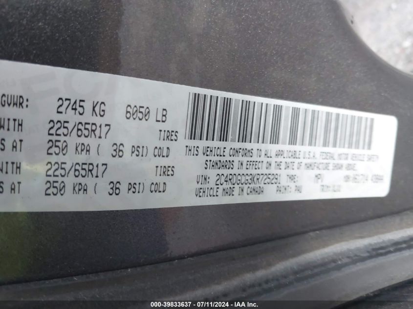 2019 Dodge Grand Caravan Sxt VIN: 2C4RDGCG3KR725291 Lot: 39833637