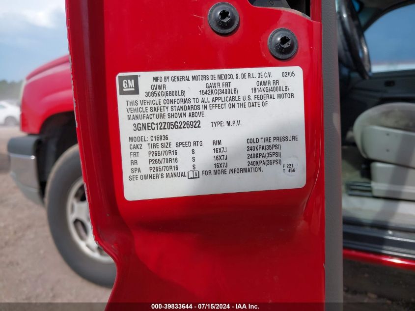 2005 Chevrolet Avalanche 1500 Ls VIN: 3GNEC12Z05G226922 Lot: 39833644