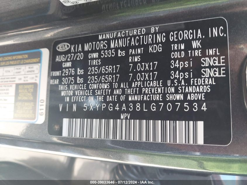 2020 KIA SORENTO 2.4L LX - 5XYPG4A38LG707534