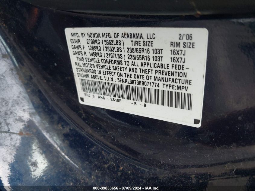 2006 Honda Odyssey Ex-L VIN: 5FNRL38796B071774 Lot: 39833656