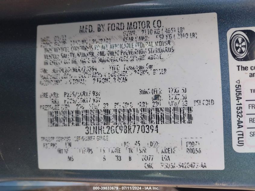 2011 Lincoln Mkz VIN: 3LNHL2GC9BR770394 Lot: 39833679