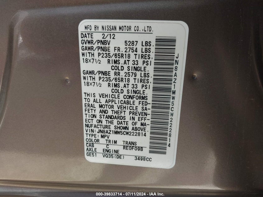 2012 Nissan Murano Sl VIN: JN8AZ1MW5CW222814 Lot: 39833714