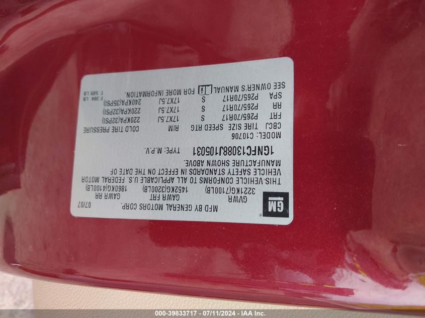 2008 Chevrolet Tahoe Lt VIN: 1GNFC13088J105031 Lot: 39833717