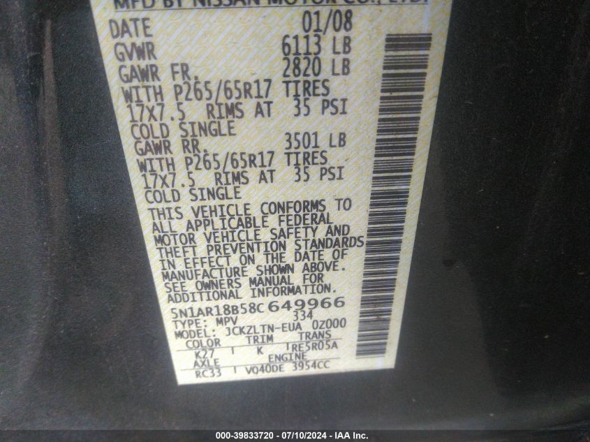 2008 Nissan Pathfinder Se VIN: 5N1AR18B58C649966 Lot: 39833720