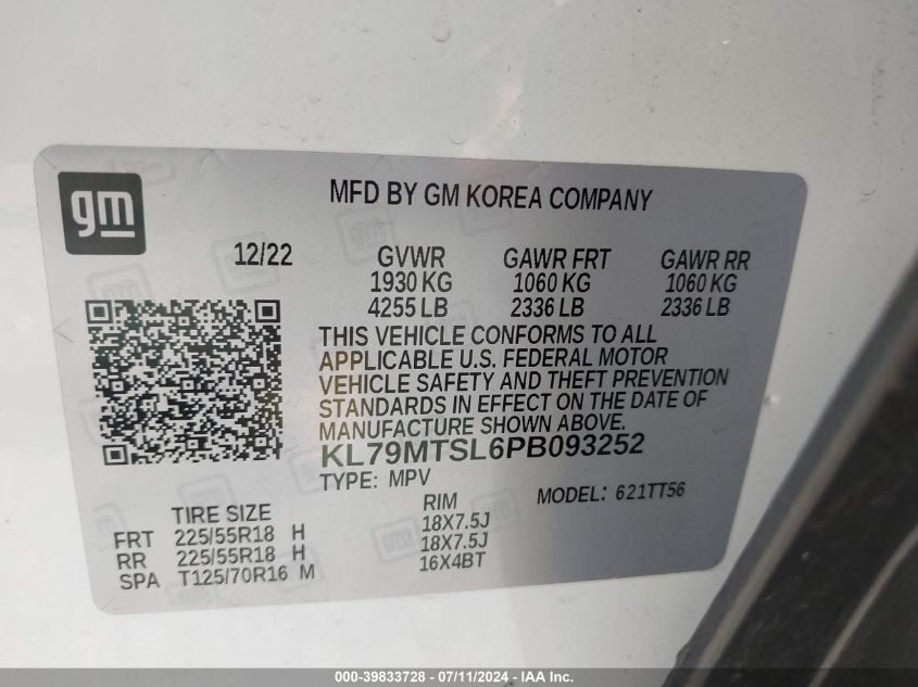 2023 Chevrolet Trailblazer Fwd Rs VIN: KL79MTSL6PB093252 Lot: 39833728