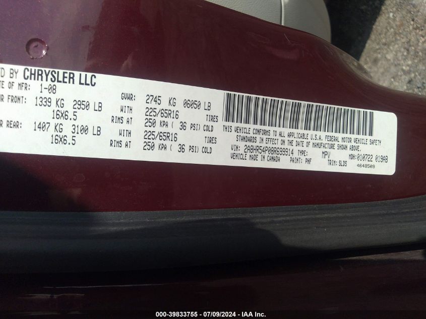 2008 Chrysler Town & Country Touring VIN: 2A8HR54P08R699914 Lot: 39833755