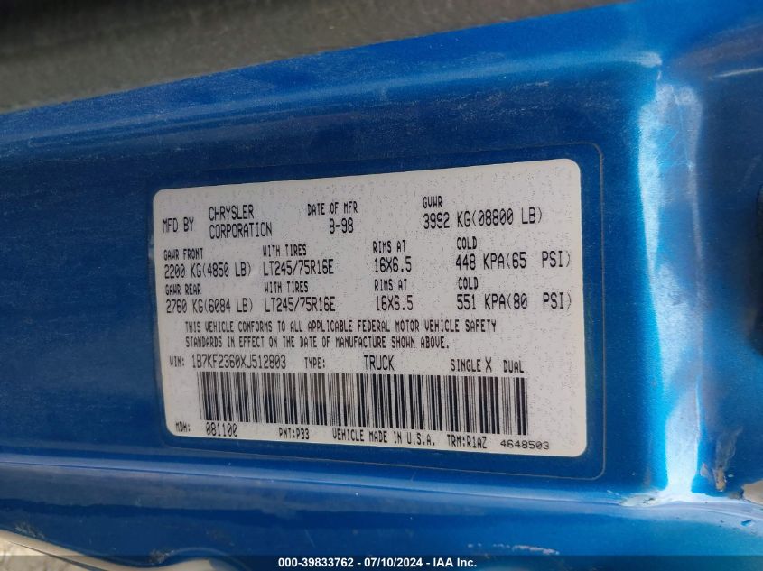 1999 Dodge Ram 2500 St VIN: 1B7KF2360XJ512803 Lot: 39833762