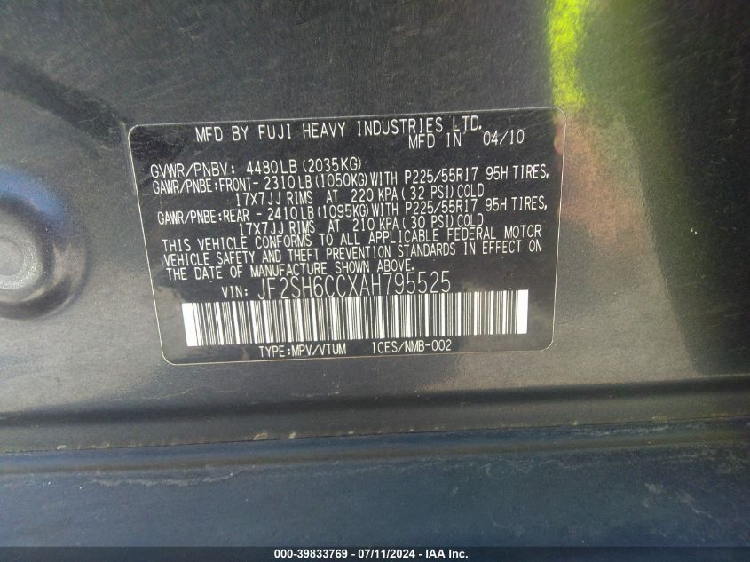 2010 Subaru Forester 2.5X Premium VIN: JF2SH6CCXAH795525 Lot: 39833769