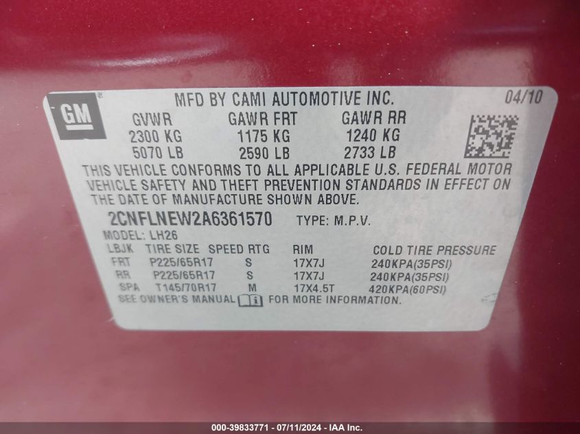 2010 Chevrolet Equinox Lt VIN: 2CNFLNEW2A6361570 Lot: 39833771