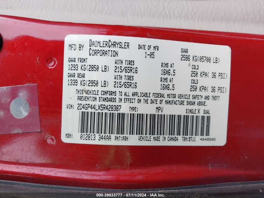 2005 Dodge Grand Caravan Sxt VIN: 2D4GP44LX5R428387 Lot: 39833777