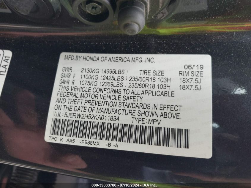 2019 Honda Cr-V Ex VIN: 5J6RW2H52KA011834 Lot: 39833780