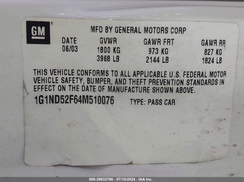 2004 Chevrolet Classic VIN: 1G1ND52F64M510076 Lot: 39833786