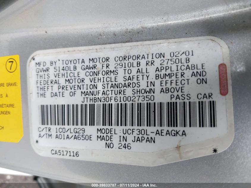 2001 Lexus Ls 430 VIN: JTHBN30F610027350 Lot: 39833787