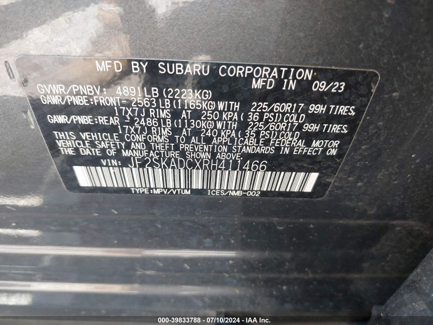 2024 Subaru Forester Premium VIN: JF2SKADCXRH411466 Lot: 39833788