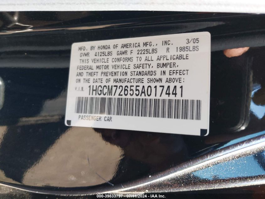 1HGCM72655A017441 | 2005 HONDA ACCORD