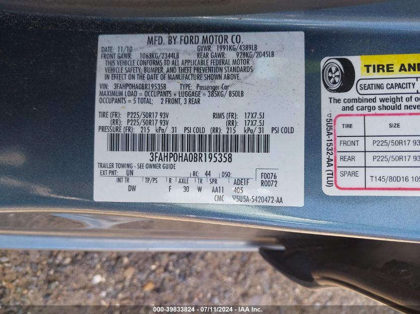 2011 Ford Fusion Se VIN: 3FAHP0HA0BR195358 Lot: 39833824