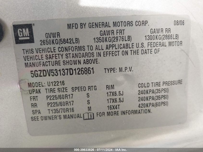 2007 Saturn Relay 1 VIN: 5GZDV53137D126861 Lot: 39833826