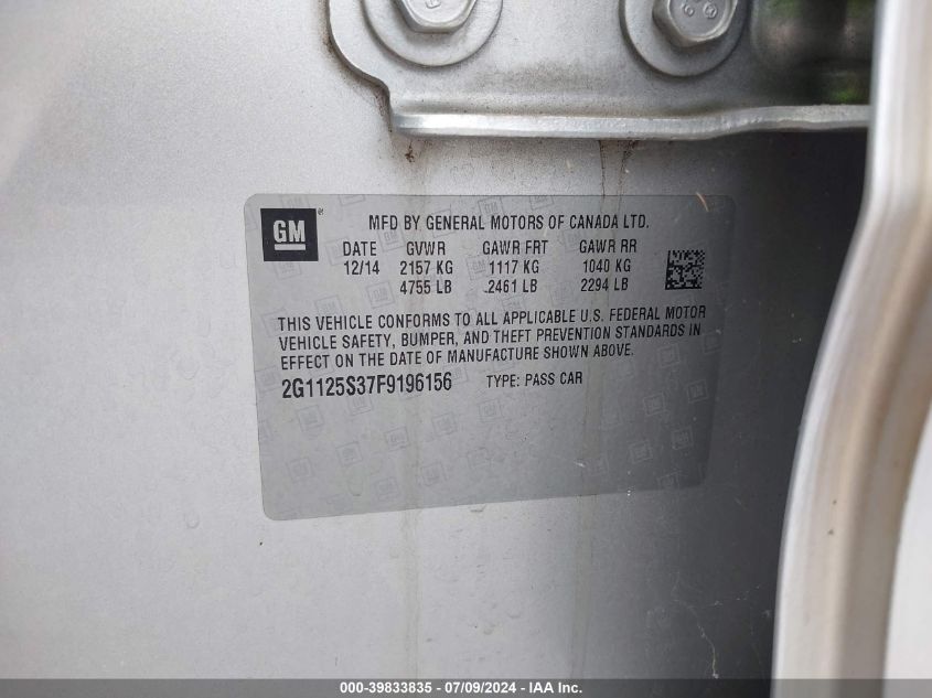 2015 Chevrolet Impala 2Lt VIN: 2G1125S37F9196156 Lot: 39833835