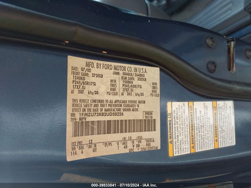 2002 Ford Explorer Xlt VIN: 1FMZU73K82UD50226 Lot: 39833841