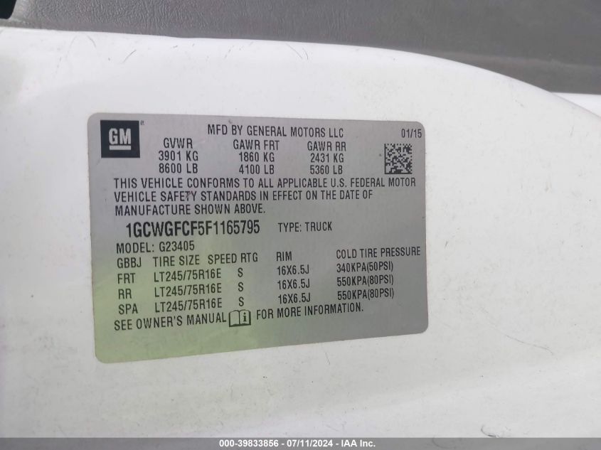 2015 Chevrolet Express 2500 Work Van VIN: 1GCWGFCF5F1165795 Lot: 39833856