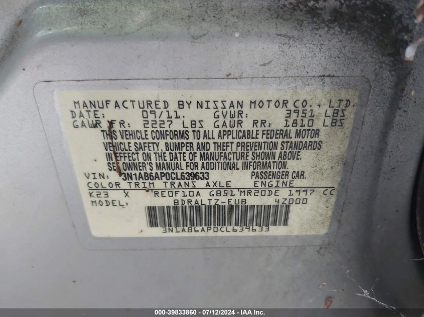 3N1AB6AP0CL639633 | 2012 NISSAN SENTRA