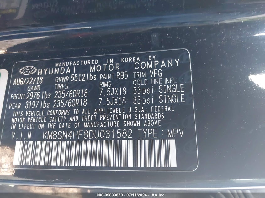 2013 Hyundai Santa Fe Gls VIN: KM8SN4HF8DU031582 Lot: 39833870