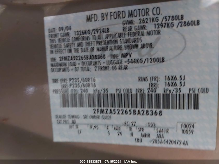2005 Ford Freestar Sel VIN: 2FMZA52265BA28368 Lot: 39833876