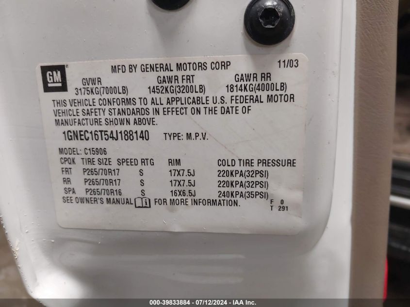 2004 Chevrolet Suburban 1500 Ls VIN: 1GNEC16T54J188140 Lot: 39833884