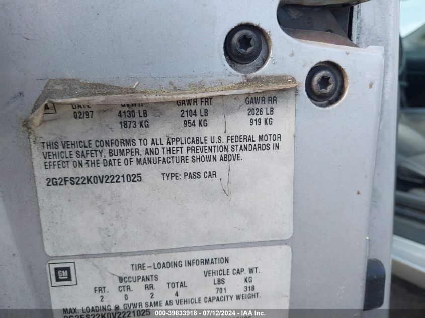 1997 Pontiac Firebird VIN: 2G2FS22K0V2221025 Lot: 39833918