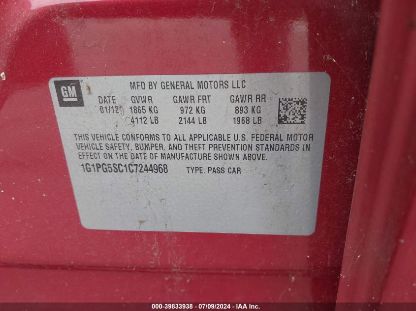 2012 Chevrolet Cruze 2Lt VIN: 1G1PG5SC1C7244968 Lot: 39833938