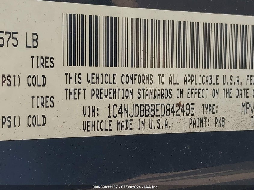 2014 Jeep Compass Sport VIN: 1C4NJDBB8ED842495 Lot: 39833957