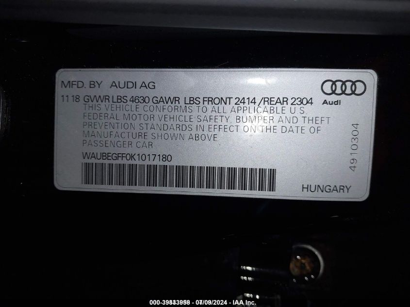 2019 Audi A3 45 Premium VIN: WAUBEGFF0K1017180 Lot: 39833958