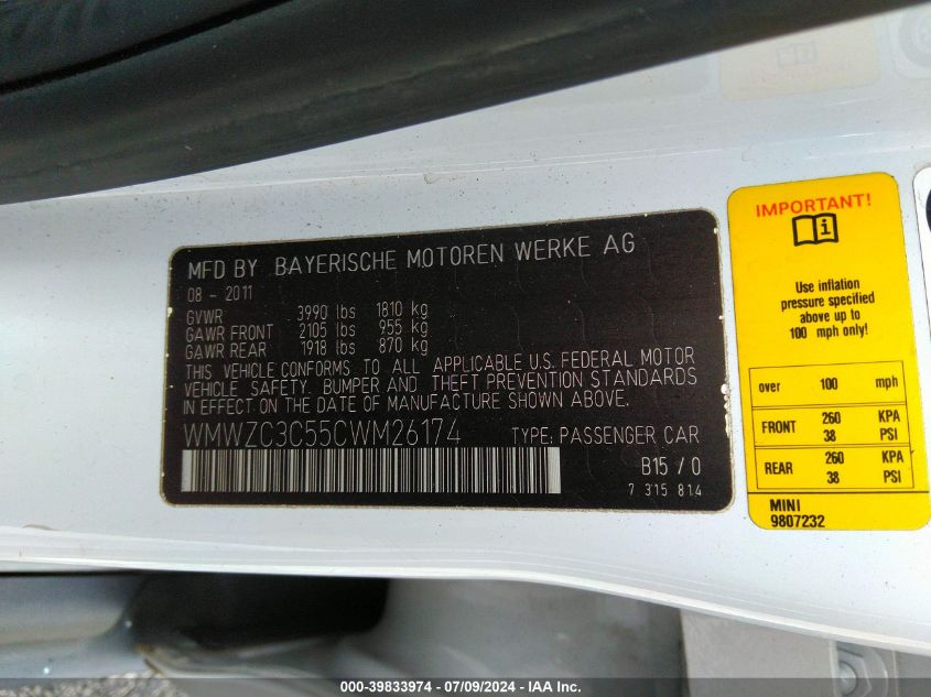 2012 Mini Cooper S Countryman VIN: WMWZC3C55CWM26174 Lot: 39833974