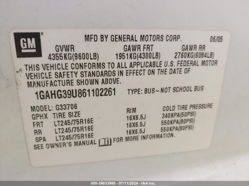 2006 Chevrolet Express Ls VIN: 1GAHG39U861102261 Lot: 39833980