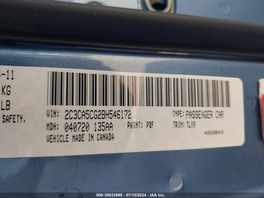 2011 Chrysler 300 Limited VIN: 2C3CA5CG2BH546172 Lot: 39833995