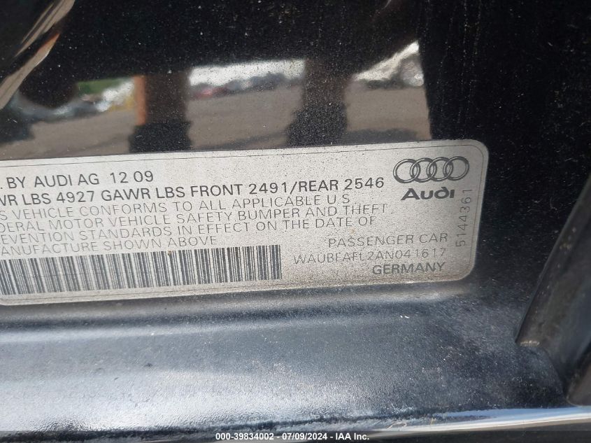 2010 Audi A4 2.0T Premium VIN: WAUBFAFL2AN041617 Lot: 39834002