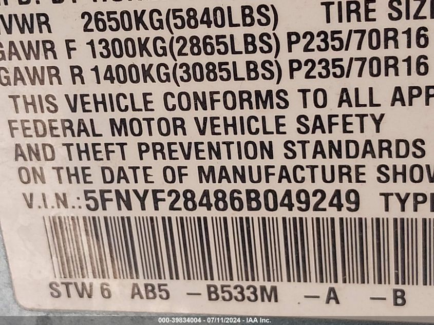 2006 Honda Pilot Ex VIN: 5FNYF28486B049249 Lot: 39834004