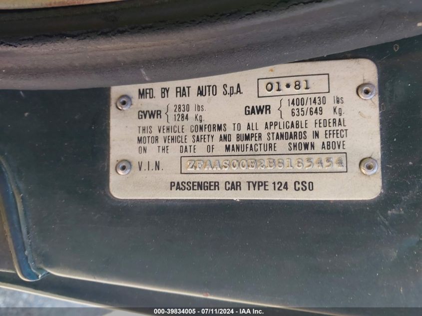 1981 Fiat 124 Spider VIN: ZFAAS00B2B8185454 Lot: 39834005
