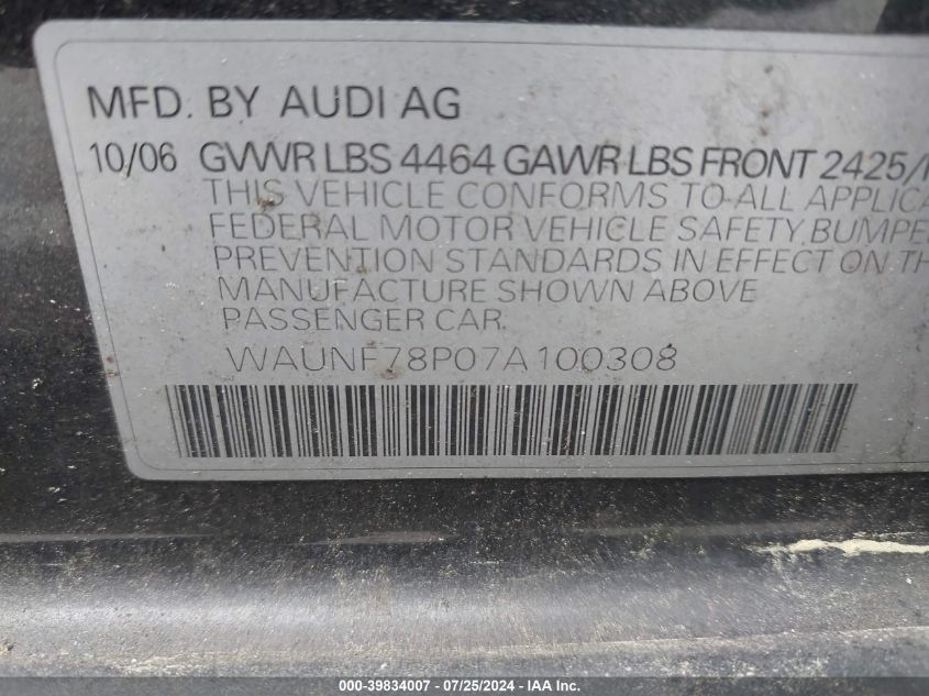 2007 Audi A3 2.0 Premium VIN: WAUNF78P07A100308 Lot: 39834007