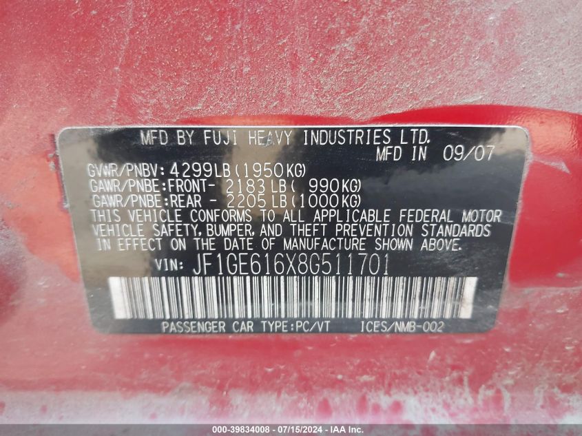 2008 Subaru Impreza 2.5I VIN: JF1GE616X8G511701 Lot: 39834008