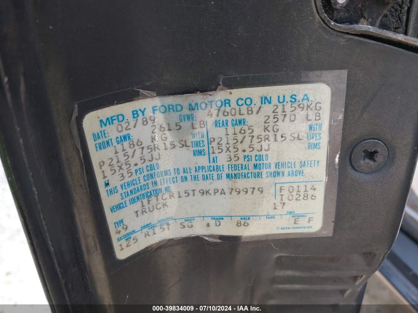 1989 Ford Ranger Super Cab VIN: 1FTCR15T9KPA79979 Lot: 39834009