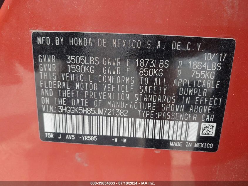2018 Honda Fit Ex VIN: 3HGGK5H85JM721382 Lot: 39834033
