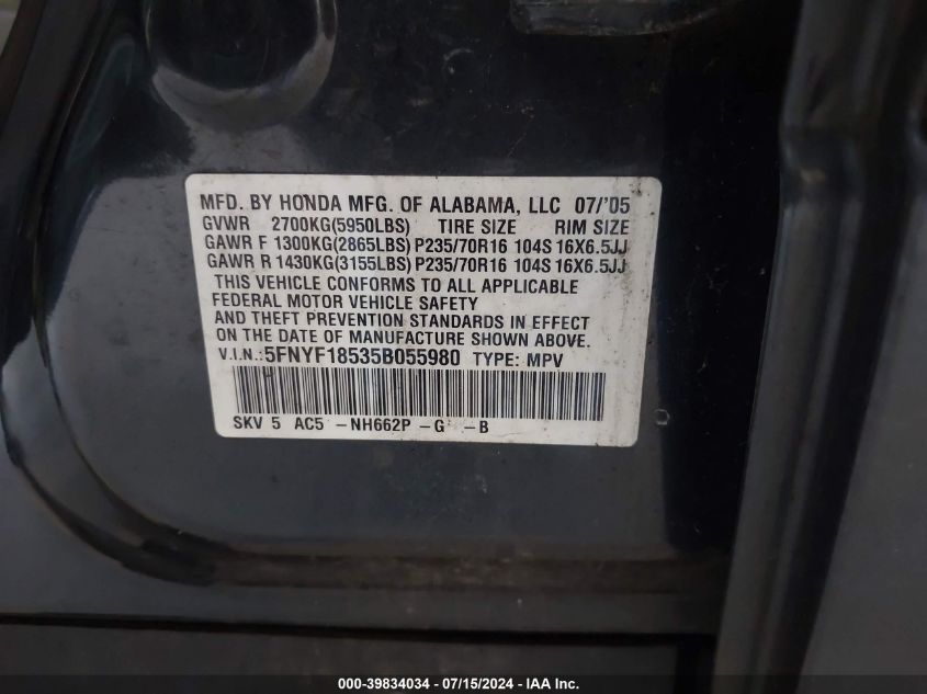 2005 Honda Pilot Ex-L VIN: 5FNYF18535B055980 Lot: 39834034