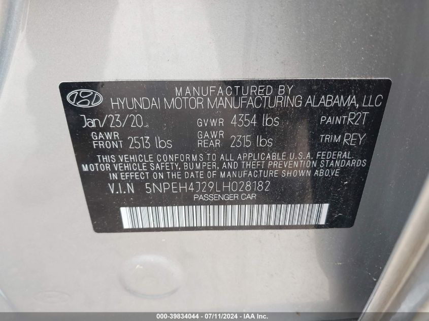 2020 Hyundai Sonata Limited VIN: 5NPEH4J29LH028182 Lot: 39834044