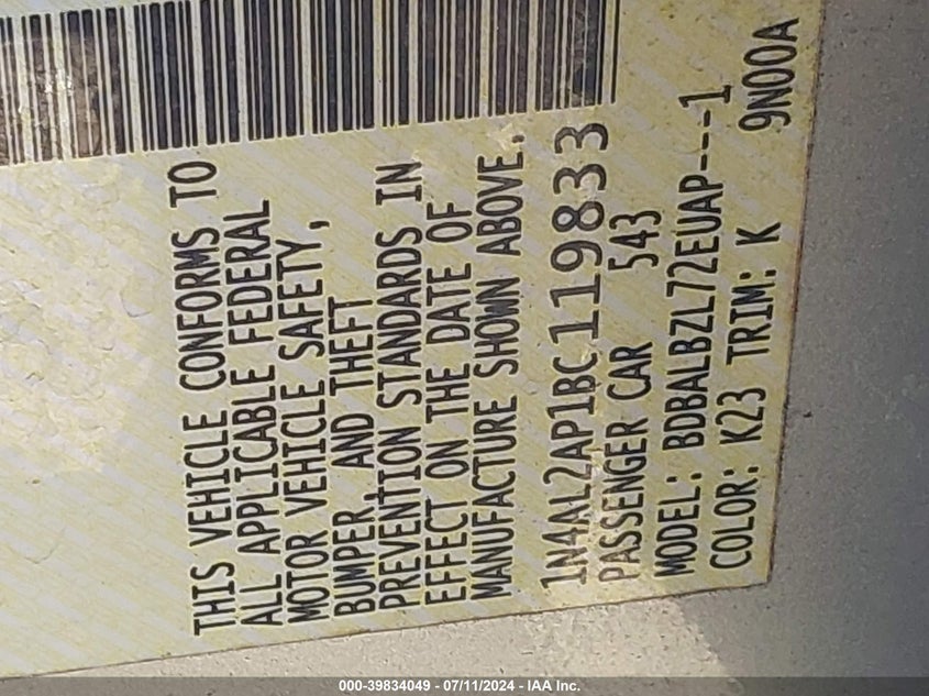 2011 Nissan Altima 2.5 S VIN: 1N4AL2AP1BC119833 Lot: 39834049