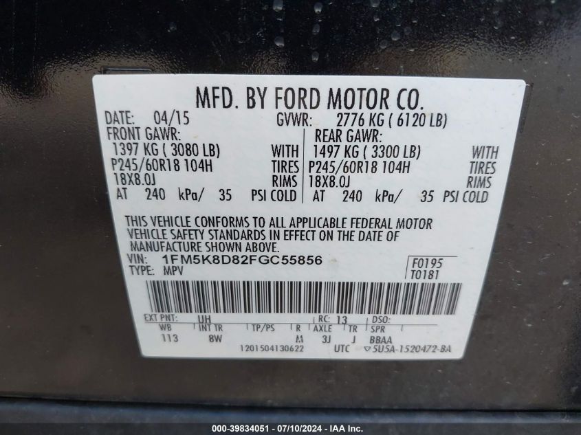 2015 Ford Explorer Xlt VIN: 1FM5K8D82FGC55856 Lot: 39834051