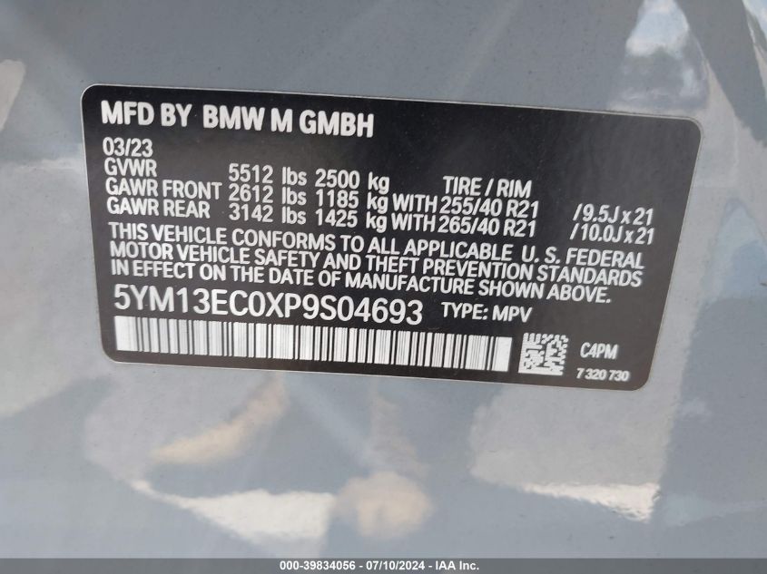 2023 BMW X3 M VIN: 5YM13EC0XP9S04693 Lot: 39834056