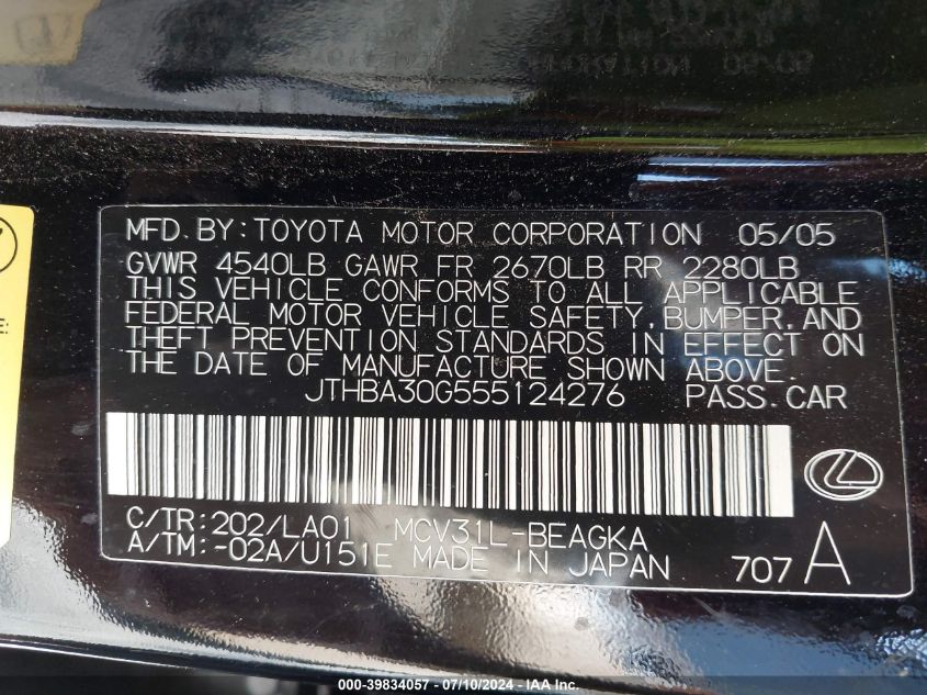 2005 Lexus Es 330 330 VIN: JTHBA30G555124276 Lot: 39834057