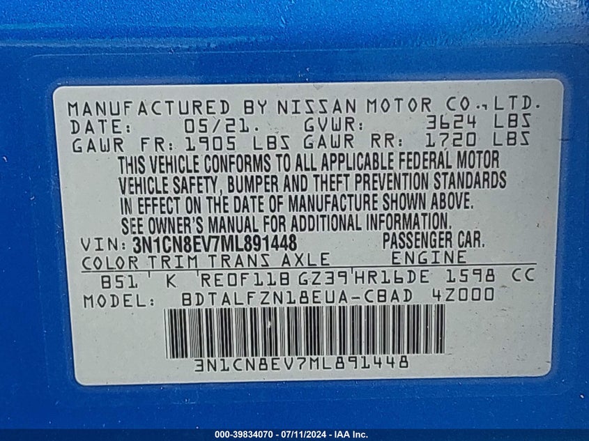 2021 Nissan Versa Sv Xtronic Cvt VIN: 3N1CN8EV7ML891448 Lot: 39834070