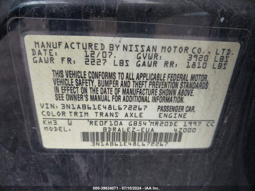 2008 Nissan Sentra 2.0S VIN: 3N1AB61E48L672267 Lot: 39834071